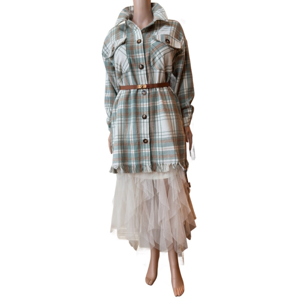 JODIFL Sage, Rust and Cream Button Down Plaid Shacket w Side Pockets & Fringe